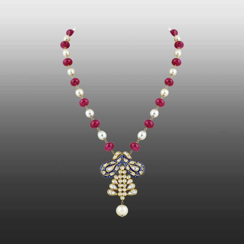 Polki Pendant Necklace with Blue Enamel Pendant
